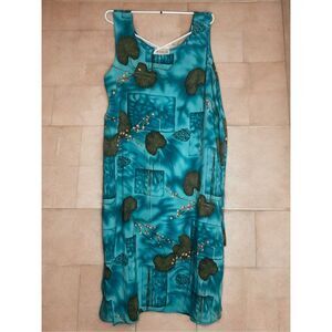 Vintage Island Girl Hawaiian Dress Womens Large Sleeveless Teal Leaves Print USA